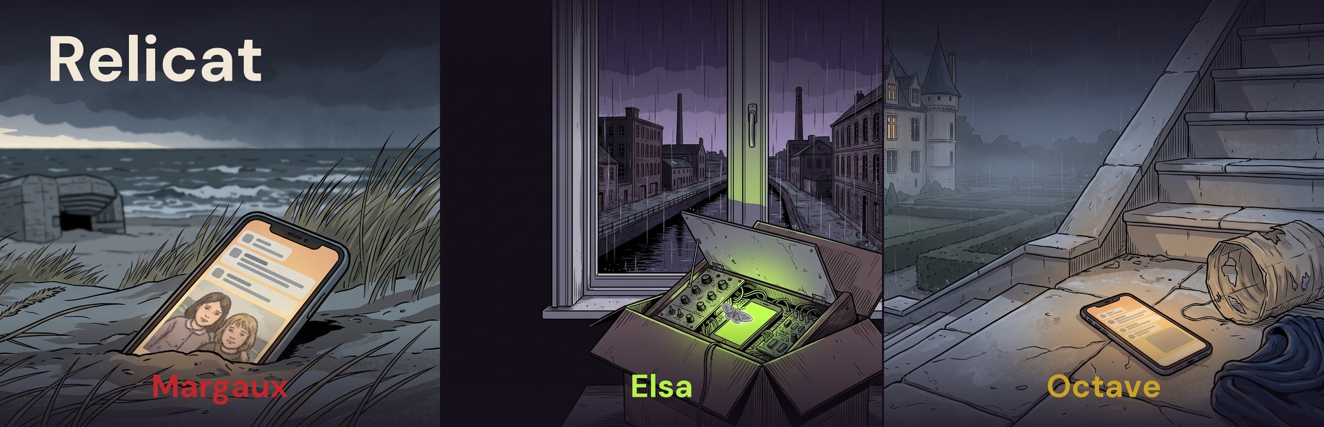 Les trois affaires de Relicat côte à côte : Margaux, Elsa et Octave