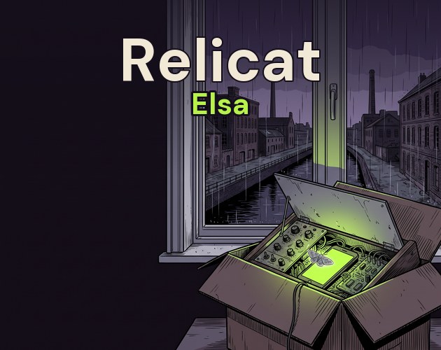 Relicat : Elsa, un téléphone qui luit en vert dans un vieux synthé, devant une fenêtre ouverte sur un canal sous la pluie
