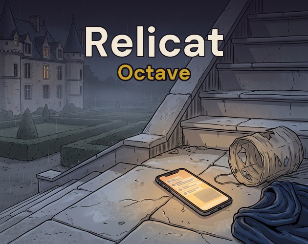 Relicat : Octave, un téléphone qui luit sur les marches en pierre d'un château de la Loire, la nuit sous la bruine